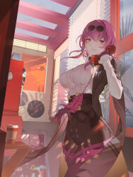 Rule 34 | 1girl, absurdres, black jacket, window blinds, collared shirt, commentary request, conghuazi, corded phone, cowboy shot, cup, disposable cup, earrings, eyewear on head, gloves, high-waist shorts, highres, holding, holding phone, honkai: star rail, honkai (series), indoors, jacket, jewelry, kafka (honkai: star rail), long hair, long sleeves, looking at viewer, open clothes, open jacket, pantyhose, pantyhose under shorts, parted lips, phone, plant, poster (object), purple eyes, purple gloves, purple hair, purple pantyhose, record, round eyewear, shirt, shorts, solo, sunglasses, white shirt, window