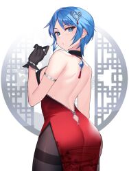 Rule 34 | 1girl, aqua (kingdom hearts), backless dress, backless outfit, black gloves, blue eyes, blue hair, china dress, chinese clothes, dress, gendo0032, gloves, highres, kingdom hearts, solo