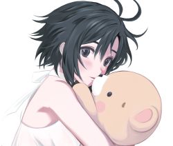 Rule 34 | 1girl, antenna hair, bad id, bad twitter id, bare arms, bare shoulders, black eyes, black hair, blush, blush stickers, close-up, closed mouth, dress, expressionless, hair between eyes, halterneck, hd (sw4189101), highres, holding, holding stuffed toy, idolmaster, kikuchi makoto, looking at viewer, hugging object, portrait, short hair, simple background, sleeveless, sleeveless dress, solo, stuffed animal, stuffed toy, sundress, teddy bear, upper body, white background, white dress