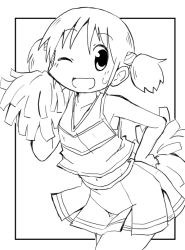 Rule 34 | 1girl, cheerleader, cowboy shot, cube hair ornament, framed, greyscale, hair ornament, hand on own hip, hand up, monochrome, naganohara mio, nichijou, one eye closed, open mouth, outside border, pleated skirt, pom pom (cheerleading), short twintails, simple background, skirt, smile, solo, standing, sweatdrop, twintails, white background, zubatto (makoto)