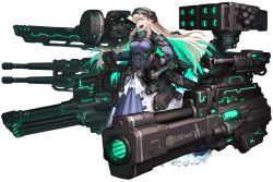 Rule 34 | 1girl, ammunition belt, autocannon, black footwear, black gloves, blonde hair, blue dress, blue eyes, blunt bangs, cannon, commission, dress, drill hair, full body, gloves, glowing, hetza (hellshock), long dress, looking at viewer, mecha musume, multiple weapons, open mouth, rocket launcher, smile, smoke grenade launcher, solo, standing, transparent background, verse saver, weapon