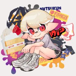 Rule 34 | 1boy, black shorts, cake, closed mouth, commentary request, food, full body, grey shirt, inkling, inkling (language), inkling boy, inkling player character, logo, nintendo, paint, pointy ears, red eyes, shirt, shoes, short hair, shorts, signature, sitting, smile, solo, sou440pk, splatoon (series), splatoon 3, strawberry shortcake, tentacle hair, white background, white footwear, white hair