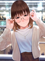 Rule 34 | 1girl, absurdres, adjusting eyewear, bad id, bad pixiv id, blurry, blurry background, blush, brown eyes, brown hair, brown skirt, cardigan, closed mouth, earrings, glasses, hands up, head tilt, highres, indoors, jewelry, long sleeves, looking at viewer, medium hair, mole, mole under eye, nail polish, necklace, original, saitou (lynx-shrike), shirt, skirt, smile, solo, standing, white cardigan, white shirt