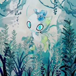 Rule 34 | animal focus, blue eyes, blue flower, blue theme, celebi, commentary, creatures (company), expressionless, floating, flower, flower on head, foliage, full body, game freak, gen 2 pokemon, grass, grey background, hand on own chin, hand on own face, leaf, legendary pokemon, li04r, looking at viewer, mythical pokemon, nintendo, no humans, outdoors, pokemon, pokemon (creature), solo, symbol-only commentary, wings