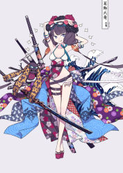 Rule 34 | 1girl, armpits, arms behind head, arms up, bare shoulders, beads, bikini, blue eyes, bracelet, breasts, calligraphy brush, closed mouth, collarbone, fate/grand order, fate (series), floral print, full body, goggles, goggles on head, grey background, jewelry, katana, katsushika hokusai (fate), katsushika hokusai (swimsuit saber) (fate), legs, long hair, medium breasts, multiple swords, obi, octopus, paintbrush, pouch, purple hair, sandals, sash, sidelocks, simple background, smile, swimsuit, sword, thigh strap, tokitarou (fate), tongue, tongue out, waves, weapon, white bikini, zka