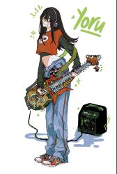 Rule 34 | 1girl, amplifier, black hair, black sweater, chainsaw, chainsaw man, character name, crop top, cross scar, denji (chainsaw man), electric guitar, emzok, facial scar, fami (chainsaw man), guitar, headset, higashiyama nobana, highres, holding, holding instrument, instrument, iseumi haruka, kobeni otouto, long hair, looking at viewer, pochita (chainsaw man), scar, scar on cheek, scar on face, simple background, skull print, solo, speaker, sweater, white background, yoru (chainsaw man), yoshida hirofumi, yuko (chainsaw man)