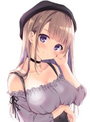 Rule 34 | 1girl, arm under breasts, blush, breasts, brown hair, choker, cleavage, closed mouth, collar, collarbone, cross, dress, frilled dress, frills, hair between eyes, hand up, hat, head tilt, highres, large breasts, long hair, looking at viewer, mole, mole under eye, purple eyes, ryouka (suzuya), sidelocks, simple background, smile, solo, two-tone dress, upper body