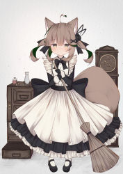 Rule 34 | 1girl, ahoge, animal ear fluff, animal ears, apron, bad id, bad pixiv id, black bow, black dress, black footwear, black gloves, blush, bow, broom, brown eyes, brown hair, clock, closed mouth, commentary request, dress, frilled apron, frilled dress, frills, full body, gloves, green hair, grey background, hair between eyes, hair ornament, hairclip, heart, heart ahoge, highres, holding, holding broom, long sleeves, looking at viewer, multicolored hair, original, pantyhose, pleated dress, risu (ritharte), shoes, simple background, solo, standing, tail, twintails, two-tone hair, white apron, white pantyhose, x hair ornament
