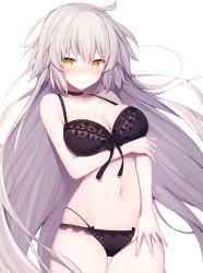 Rule 34 | 1girl, arm under breasts, black bra, black panties, blush, bra, breast hold, breasts, choker, cleavage, closed mouth, cowboy shot, fate/grand order, fate (series), frown, groin, jeanne d&#039;arc (fate), jeanne d&#039;arc alter (avenger) (fate), jeanne d&#039;arc alter (fate), long hair, looking at viewer, miko (royal milk), multi-strapped panties, navel, panties, sidelocks, silver hair, skindentation, solo, stomach, thigh gap, underwear, underwear only, very long hair, yellow eyes