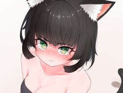 Rule 34 | 1girl, animal ear fluff, animal ears, bare shoulders, black hair, black shirt, blush, breasts, cat ears, cat girl, cat tail, cleavage, closed mouth, collarbone, cropped, crying, embarrassed, female focus, green eyes, highres, looking at viewer, medium breasts, nose blush, original, shirt, short hair, sidelocks, simple background, solo, strapless, strapless shirt, tail, tears, upper body, urabe miyabi, v-shaped eyebrows, white background