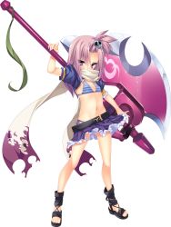 Rule 34 | 1girl, absurdres, axe, battle axe, black footwear, full body, highres, holding, holding weapon, huge weapon, jokou, koihime musou, long hair, looking at viewer, mtu (orewamuzituda), official art, over shoulder, pink hair, purple eyes, sandals, scarf, skirt, solo, transparent background, weapon, weapon over shoulder