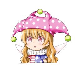 Rule 34 | 1girl, :d, blonde hair, blue dress, clownpiece, commentary request, cropped torso, dress, fairy wings, hat, jester cap, long hair, naegi (naegidokoro), neck ruff, open mouth, pink hat, polka dot, polka dot headwear, print dress, red eyes, short sleeves, simple background, smile, solo, star (symbol), star print, striped clothes, striped dress, touhou, upper body, wavy hair, white background, white wings, wings