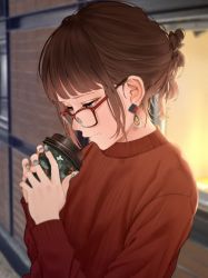Rule 34 | 1girl, absurdres, bad id, bad pixiv id, blunt bangs, breasts, brick wall, brown eyes, brown hair, coffee cup, cup, disposable cup, earrings, glasses, hair up, highres, jewelry, light blush, long sleeves, mole, mole under mouth, nail polish, original, outdoors, red sweater, ribbed sweater, saitou (lynx-shrike), sidelocks, small breasts, solo, sweater, upper body, window