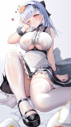 Rule 34 | 1girl, absurdres, apron, arlene (ju), azur lane, black footwear, blueberry, blunt bangs, breasts, cake, chinese commentary, cleavage, closed mouth, clothing cutout, dido (azur lane), dress, food, frilled dress, frills, fruit, grey background, hair ornament, highres, large breasts, maid, maid apron, maid headdress, on floor, plate, red eyes, silver hair, simple background, sitting, sleeveless, sleeveless dress, spill, strawberry, thighhighs, thighs, underboob, underboob cutout, white background, white dress, white thighhighs