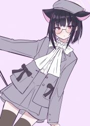 Rule 34 | 1girl, animal ears, beret, black hair, black ribbon, blue archive, blush, cat ears, colored inner hair, cowboy shot, earrings, extra ears, glasses, halo, hat, highres, jewelry, kain501i, kazusa (blue archive), long sleeves, looking at viewer, multicolored hair, pantyhose, pink background, pink hair, ribbon, short hair, simple background, skirt, solo, thighhighs, translation request, two-tone hair, white ribbon, zettai ryouiki