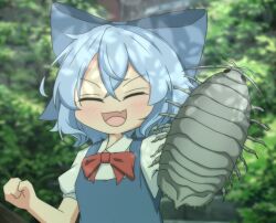 Rule 34 | 1girl, :d, animal, blue bow, blue hair, blue vest, blurry, blurry background, blush, bow, bowtie, bug, cirno, clenched hand, closed eyes, collared shirt, commentary request, crossed bangs, dappled sunlight, fang, flat chest, forest, hair between eyes, hair bow, holding, holding animal, medium bangs, nature, open mouth, pillbug, puffy short sleeves, puffy sleeves, red bow, red bowtie, shirt, short hair, short sleeves, skin fang, smile, solo, sunlight, tasuku (tusktouhou4), touhou, upper body, vest, white shirt