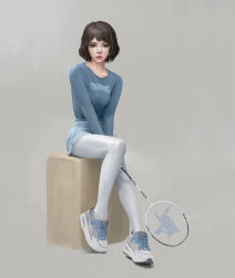 Rule 34 | 1girl, arms between legs, badminton racket, between legs, black hair, blue shirt, bob cut, breasts, brown eyes, collarbone, cube, denim, denim shorts, expressionless, full body, gen 1 pokemon, grey background, highres, holding, holding racket, long sleeves, looking at viewer, nose, original, pantyhose, parted bangs, pikachu, platform footwear, racket, realistic, rentao, shirt, shoes, short hair, shorts, simple background, sitting, small breasts, sneakers, solo, v arms, white pantyhose