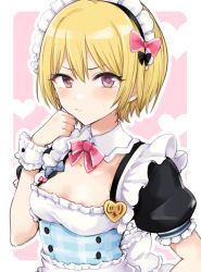 Rule 34 | 1girl, black bow, black dress, blonde hair, blush, bow, breasts, closed mouth, collarbone, commentary request, dress, hair between eyes, hair bow, heart, idolmaster, idolmaster shiny colors, looking at viewer, maid headdress, morina nao, outline, pink background, plaid, puffy short sleeves, puffy sleeves, saijo juri, short hair, short sleeves, small breasts, solo, sweat, two-tone background, upper body, white background, white bow, white outline, wrist cuffs