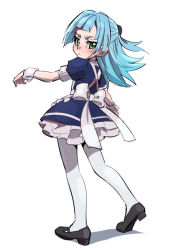 Rule 34 | 1boy, :&lt;, bad id, bad pixiv id, blue hair, blush, bow, crossdressing, dress, from behind, full body, green eyes, long hair, looking back, male focus, mary janes, pantyhose, shiun&#039;in sora, shoes, simple background, solo, togi9999, trap, white background, white pantyhose, wrist cuffs, yu-gi-oh!, yu-gi-oh! arc-v