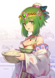 Rule 34 | 1girl, bare shoulders, breasts, cleavage, commentary request, detached sleeves, from side, gem, green eyes, green hair, hair ornament, highres, holding, japanese clothes, kimono, large breasts, nakamura eight, open mouth, puzzle &amp; dragons, sleeves past wrists, smile, solo focus