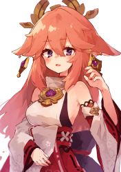 Rule 34 | 1girl, :d, animal ears, armpits, commentary request, detached sleeves, earrings, fox ears, fox girl, genshin impact, hair between eyes, hair ornament, japanese clothes, jewelry, long hair, long sleeves, looking at viewer, nontraditional miko, open mouth, pink hair, purple eyes, rimukoro, sidelocks, simple background, smile, solo, vision (genshin impact), white background, wide sleeves, yae miko