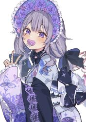 Rule 34 | 1girl, absurdres, animal print, black bow, black shawl, blush, bonnet, bow, braid, butterfly print, commentary request, floral print, floral print kimono, flower, frilled sleeves, frills, from side, gloves, grey hair, hair between eyes, hair bow, highres, hololive, hololive english, japanese clothes, jewel under eye, kimono, koseki bijou, koseki bijou (new year), lace, lace-trimmed gloves, lace trim, long sleeves, looking at viewer, low twin braids, obi, obijime, official alternate costume, pacifier, purple eyes, purple flower, purple kimono, purple rose, rose, rose print, sash, shawl, simple background, solo, tsukino (nakajimaseiki), twin braids, upper body, v, virtual youtuber, white background, wide sleeves