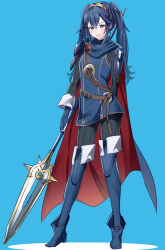 Rule 34 | 1boy, alternate hairstyle, ameno (a meno0), black sweater, blue background, blue cape, blue eyes, blue footwear, blue gloves, blue hair, blush, boots, cape, fingerless gloves, fire emblem, fire emblem awakening, full body, gloves, holding, holding polearm, holding weapon, long hair, long sleeves, looking at viewer, lucina (fire emblem), nintendo, parted lips, polearm, red cape, ribbed sweater, simple background, solo, spear, sweater, tiara, turtleneck, turtleneck sweater, twintails, two-tone cape, weapon