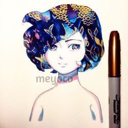 Rule 34 | 1girl, animal print, art tools in frame, artist name, bad id, bad instagram id, fish, fish print, looking at viewer, meyoco, multicolored eyes, original, patterned hair, photo (medium), portrait, short hair, smile, solo, traditional media