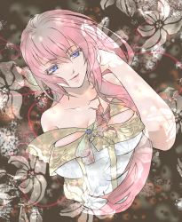 Rule 34 | 1girl, absurdres, arm behind head, artist request, bare shoulders, blue eyes, flower, highres, light smile, long hair, megurine luka, orchid, pink hair, solo, vocaloid