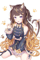 Rule 34 | 1girl, :d, absurdres, animal ear fluff, animal ears, anya melfissa, black dress, black sleeves, bow, breasts, brown hair, cat ears, cat girl, cat tail, claw pose, commentary request, detached sleeves, dress, fang, funii, gradient hair, hand up, highres, hololive, hololive indonesia, jewelry, light brown hair, long hair, long sleeves, looking at viewer, multicolored hair, nail polish, no shoes, open mouth, puffy long sleeves, puffy sleeves, ring, sitting, sleeveless, sleeveless dress, sleeves past wrists, small breasts, smile, socks, solo, striped, striped bow, tail, tail bow, tail ornament, thick eyebrows, two side up, very long hair, virtual youtuber, wariza, white background, white bow, white socks, wrist cuffs, yellow nails