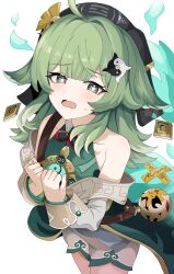 Rule 34 | 1girl, ahoge, animal ear fluff, animal ears, awe (adorableduckyy), bare shoulders, blue fire, breasts, collared shirt, detached sleeves, fire, fox ears, fox girl, ghost tail, green eyes, green hair, hat, highres, honkai: star rail, honkai (series), huohuo (honkai: star rail), long hair, long sleeves, open mouth, paw-shaped pupils, scared, shirt, small breasts, solo, sweatdrop, symbol-shaped pupils, white background, yin yang, yin yang hair ornament