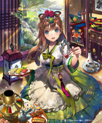 Rule 34 | 10s, 1girl, blue and white pottery, blue eyes, blush, brown hair, character request, dress, flower, food, hanbok, hangwa, happy, korean clothes, long hair, looking at viewer, open mouth, shingeki no bahamut, sinseollo, smile, teapot, tob, traditional clothes, tteok