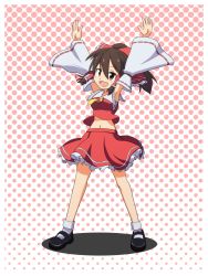 Rule 34 | 1girl, :d, armpits, arms up, blush, bobby socks, bow, brown hair, cato (monocatienus), detached sleeves, full body, hair bow, hair tubes, hakurei reimu, halftone, halftone background, highres, mary janes, midriff, navel, o/, open mouth, outstretched arms, ponytail, red eyes, sarashi, shoes, skirt, smile, socks, solo, standing, touhou, white socks