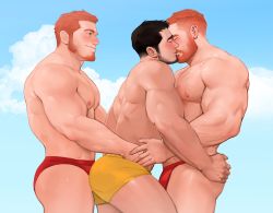 Rule 34 | 3boys, :q, ass grab, bara, bare pectorals, beard, black hair, blue eyes, blush, boy sandwich, bulge, bulge to ass, chest hair, closed eyes, dopey (dopq), facial hair, frottage, goatee, group sex, hand under clothes, imminent anal, imminent penetration, kiss, large pectorals, long sideburns, male focus, male swimwear, mature male, mmm threesome, multiple boys, muscular, muscular male, navel, navel hair, nipples, orange hair, original, paid reward available, pectorals, red male swimwear, sandwiched, short hair, sideburns, smile, stomach, swim briefs, thick thighs, thighs, threesome, tongue, tongue out, wet, yaoi, yellow male swimwear