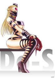 Rule 34 | 1girl, blonde hair, bondage outfit, boots, character name, collar, dominatrix, closed eyes, flower, hair flower, hair ornament, heart, high heel boots, high heels, highres, juhuca, kaijin hime do-s, long hair, mask, o-ring, one-punch man, revealing clothes, sitting, solo, spikes, tagme, thighs, weapon, whip