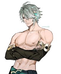 Rule 34 | 1boy, ahoge, akasha terminal, alhaitham (genshin impact), blue eyes, closed mouth, crossed arms, elbow gloves, gem, genshin impact, gloves, green gemstone, grey hair, hair over one eye, highres, male focus, mistermagnolia, nipples, short hair, simple background, solo, swept bangs, topless male, twitter username, white background