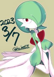 Rule 34 | 1girl, absurdres, artist name, bob cut, closed mouth, colored skin, creatures (company), dated, expressionless, female focus, flat chest, full body, game freak, gardevoir, gardevoir day, gen 3 pokemon, green hair, green skin, hair over one eye, highres, kneeling, komhey, looking at viewer, multicolored skin, nintendo, one eye covered, outline, pokemon, pokemon (creature), red eyes, short hair, signature, simple background, solo, thighs, twitter username, two-tone skin, white outline, white skin, yellow background