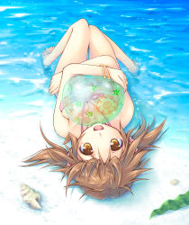 Rule 34 | 10s, 1girl, :d, aoiya soujirou, ball, barefoot, beach, beachball, bikini, bracelet, brown eyes, brown hair, highres, idolmaster, idolmaster cinderella girls, jewelry, knees together feet apart, looking at viewer, lying, on back, open mouth, seashell, shell, short twintails, smile, solo, swimsuit, totoki airi, twintails, upside-down