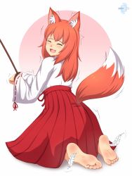 Rule 34 | 1girl, animal ears, barefoot, blush, borrowed character, closed eyes, fang, feet, fox ears, fox tail, highres, laughing, lululewd, red hair, restrained, soles, solo, tail, tears, tickling, toes