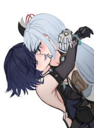 Rule 34 | 2girls, a ai ri, absurdres, arms around neck, black gloves, blue hair, blush, bracelet, breasts, commentary request, dutch angle, elbow gloves, eye contact, fingerless gloves, genshin impact, gloves, green eyes, grey eyes, grey hair, highres, jewelry, long hair, looking at another, mole, mole on breast, multiple girls, parted lips, shenhe (genshin impact), short hair, sideboob, simple background, smile, upper body, white background, white gloves, yelan (genshin impact), yuri