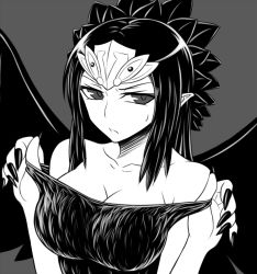Rule 34 | 1girl, bare shoulders, black dress, black hair, black wings, breasts, cleavage, collarbone, dress, duel monster, emblem, fabled grimro, female focus, fingernails, frown, grey background, hair ornament, long fingernails, long hair, looking at viewer, monochrome, monster girl, pataneet, pointy ears, simple background, solo, strap pull, sweat, tiara, updo, upper body, wings, yu-gi-oh!, yu-gi-oh! duel monsters