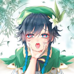 Rule 34 | 1boy, 1other, androgynous, bamboo, beret, black hair, blue hair, blush, bow, braid, cape, collared cape, crying, crying with eyes open, drooling, flower, furrowed brow, genshin impact, gradient hair, green eyes, green headwear, hair flower, hair ornament, hand on another&#039;s chin, hat, heart, heart-shaped pupils, highres, leaf, looking at viewer, male focus, multicolored hair, open mouth, pov, pov hands, saliva, shenlan yu jiangzi, shirt, short hair with long locks, solo focus, symbol-shaped pupils, tears, tongue, tongue out, twin braids, venti (genshin impact), white flower, white shirt