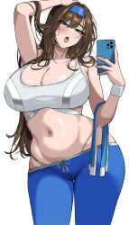 1girl :o arm_up armpits bare_shoulders blue_pants blush breasts brown_hair cellphone cleavage commentary goddess_of_victory:_nikke green_eyes hella_p highres holding holding_phone large_breasts long_hair looking_at_viewer mole mole_on_breast navel open_mouth pants phone rumani_(nikke) simple_background smartphone solo sports_bra stomach white_background white_sports_bra