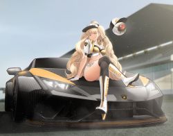Rule 34 | 1girl, black thighhighs, blonde hair, blue sky, boots, car, closed mouth, commentary, crossed legs, eitri (fire emblem), english commentary, fire emblem, fire emblem heroes, full body, gloves, hand on own thigh, hat, highres, lamborghini, long hair, looking at viewer, motor vehicle, nintendo, outdoors, pirelli, race queen, shizuko hideyoshi, short sleeves, sitting on car, sky, smile, solo, thighhighs, thighs, twintails, vehicle focus, visor cap, white footwear, white gloves, white hat