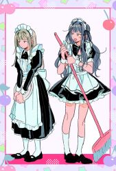 Rule 34 | 2girls, alternate costume, apron, back bow, bang dream!, bang dream! it&#039;s mygo!!!!!, black bow, black bowtie, black dress, black footwear, blue hair, bow, bowtie, broom, closed mouth, commentary, dress, enmaided, frilled apron, frills, full body, grey hair, hair ornament, hair ribbon, hairclip, hashtag-only commentary, highres, holding, holding broom, holding tray, juliet sleeves, kneehighs, long hair, long sleeves, love8evill, maid, maid headdress, multiple girls, open mouth, puffy short sleeves, puffy sleeves, ribbon, short sleeves, sidelocks, socks, standing, togawa sakiko, tray, wakaba mutsumi, white apron, white bow, white socks, white wrist cuffs, wrist cuffs, yellow eyes