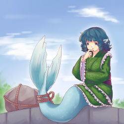 Rule 34 | 1girl, blue eyes, blue hair, cloud, day, drill hair, finger to own chin, fins, fish tail, frilled kimono, frills, full body, green kimono, head fins, highres, japanese clothes, kimono, looking down, meme, mermaid, monster girl, obi, rock, rope, sash, sitting, sky, solo, tail, thinking, touhou, wakasagihime, wide sleeves, yoruny