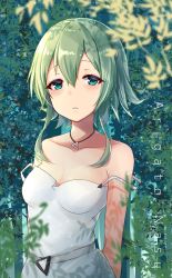 Rule 34 | 1girl, aqua eyes, arms behind back, bare shoulders, blurry, blurry foreground, blush, breasts, cleavage, collarbone, depth of field, dress, expressionless, eyelashes, green hair, hair between eyes, hair ornament, hairclip, half-closed eyes, highres, jewelry, looking at viewer, medium breasts, necklace, original, parted lips, plant, short hair with long locks, sleeveless, sleeveless dress, solo, sundress, upper body, white dress, zhi zhi/zu zu