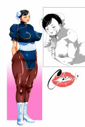 Rule 34 | 1boy, 1girl, breasts, capcom, censored, chun-li, covered erect nipples, curvy, double bun, fellatio, ganto, gradient background, hair bun, hetero, large breasts, nipples, oral, pantyhose, penis, pointless censoring, standing, street fighter, thick thighs, thighs