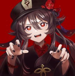 Rule 34 | 1girl, :d, absurdres, black hat, black nails, brown hair, chi trinh, floating hair, flower, genshin impact, hat, hat flower, head tilt, highres, hu tao (genshin impact), jewelry, long hair, looking at viewer, nail polish, open mouth, red background, red eyes, red flower, ring, smile, solo, symbol-shaped pupils, upper body