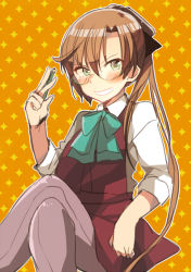 Rule 34 | 10s, 1girl, akigumo (kancolle), bespectacled, blush, bow, bowtie, brown hair, crossed legs, glasses, green eyes, grin, kantai collection, long hair, long sleeves, mole, mole under eye, oomori (kswmr), pantyhose, pencil, ponytail, sitting, smile, solo